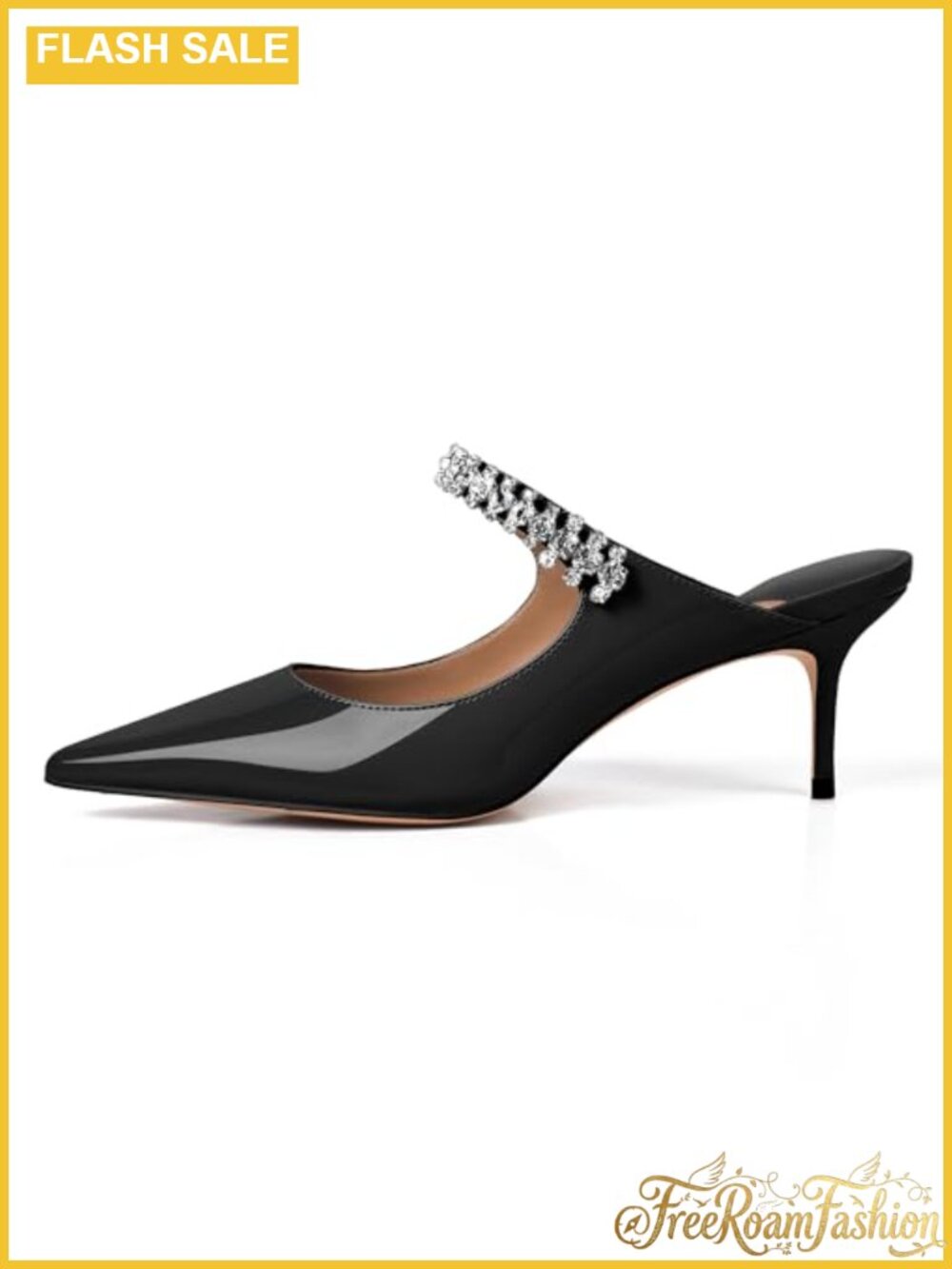 Rhinestone Kitten Heel Mules Pointed Toe Faux Leather Slip-On